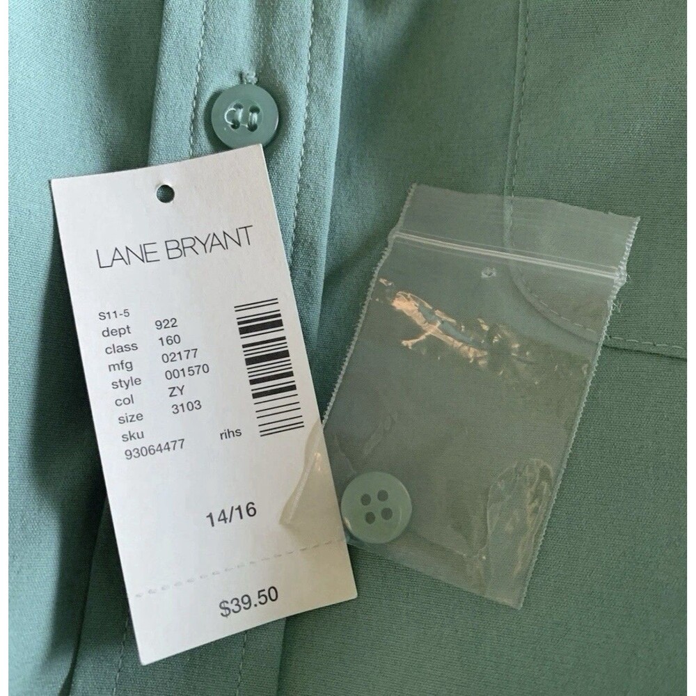 Lane Bryant Green Stretch Pocket Button Up Long Sleeve Blouse Top Size 14/16 New - Picture 7 of 8